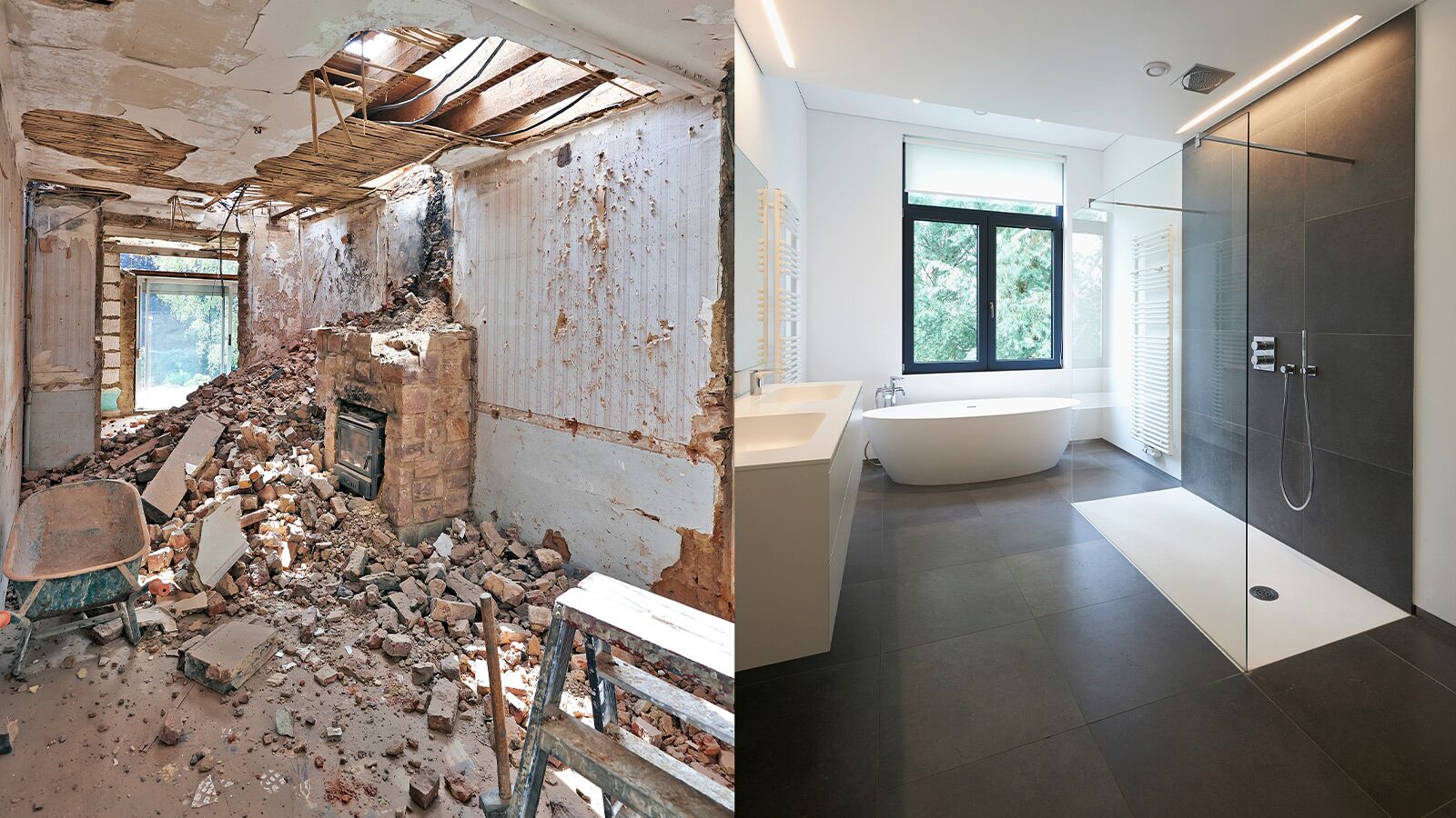 Links abgerissenes Zimmer, rechts modernes Badezimmer.