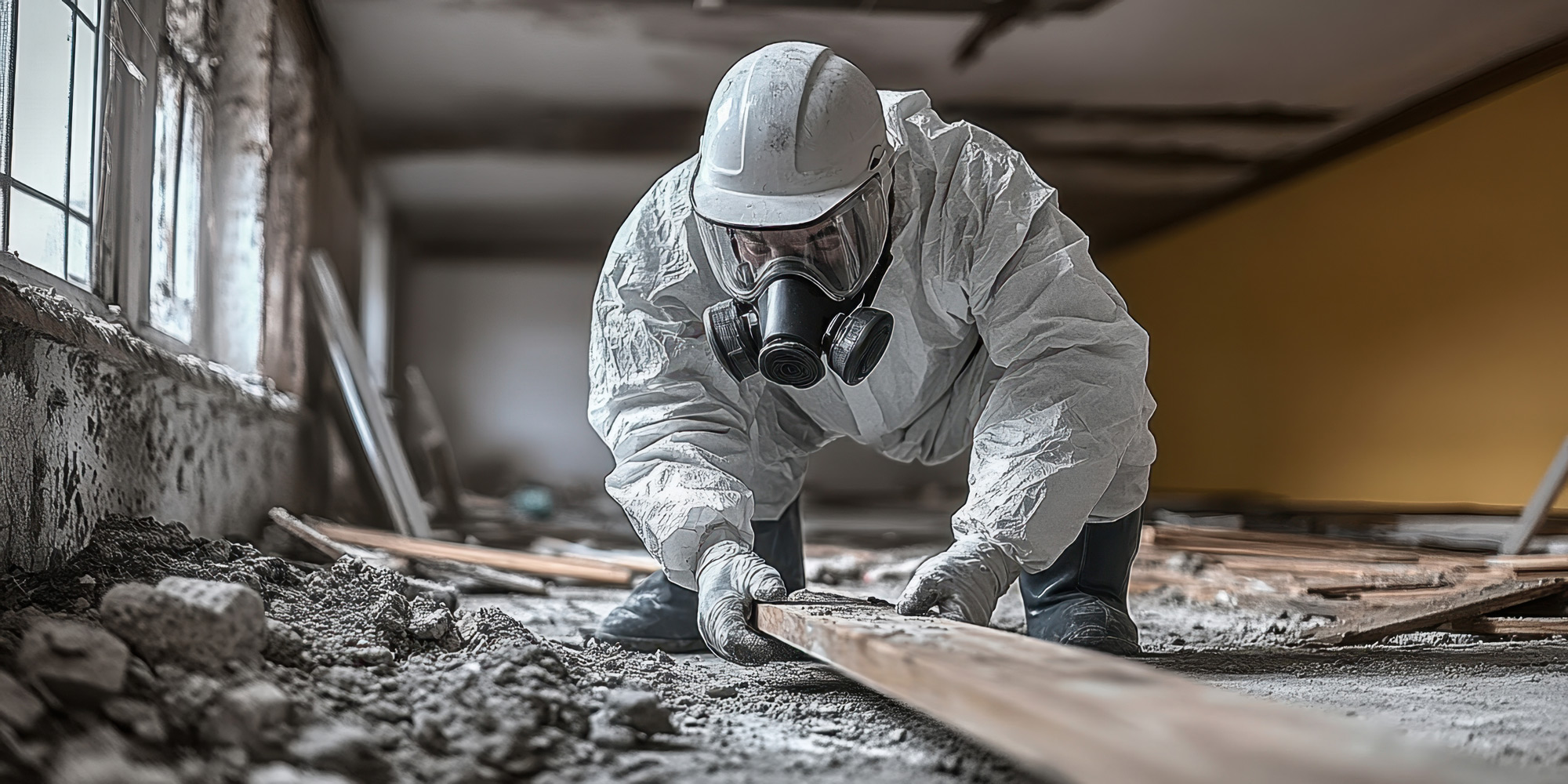 Person im Schutzanzug und Maske entfernt von Asbest befallenen Boden.